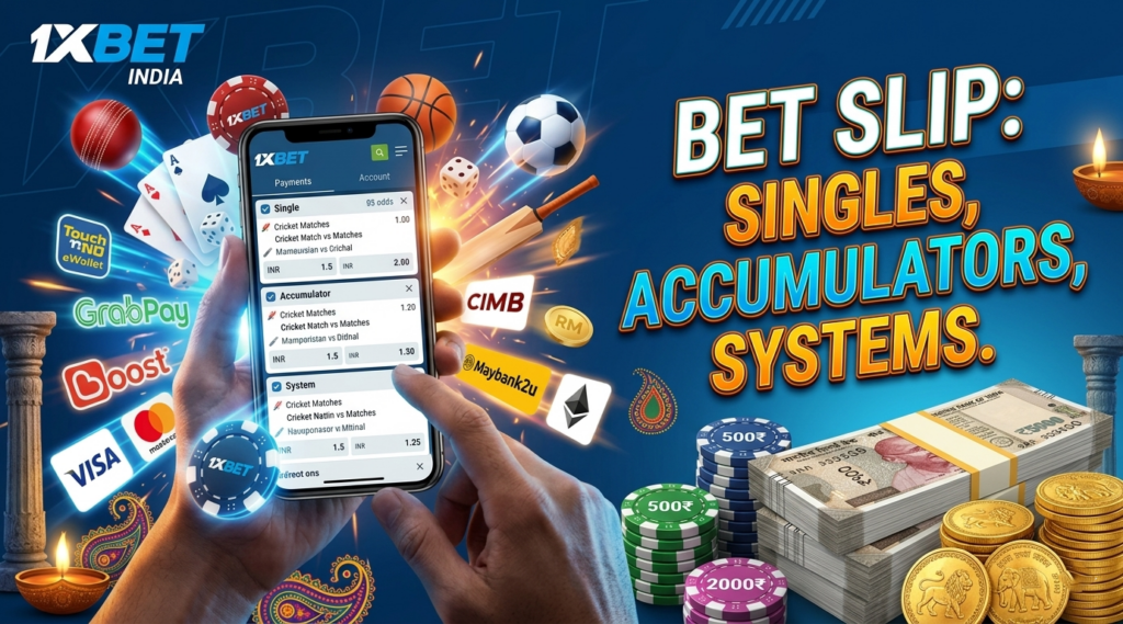 1xBet Bet slip in India - single, accumulator, system 